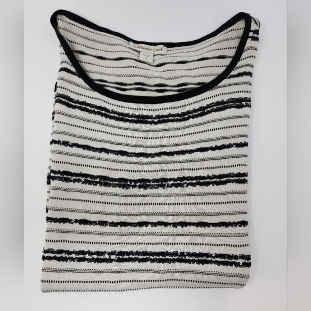 Coldwater Creek Size Large Black White‎ Sequin Silk Blend Short Sleeve Shirt